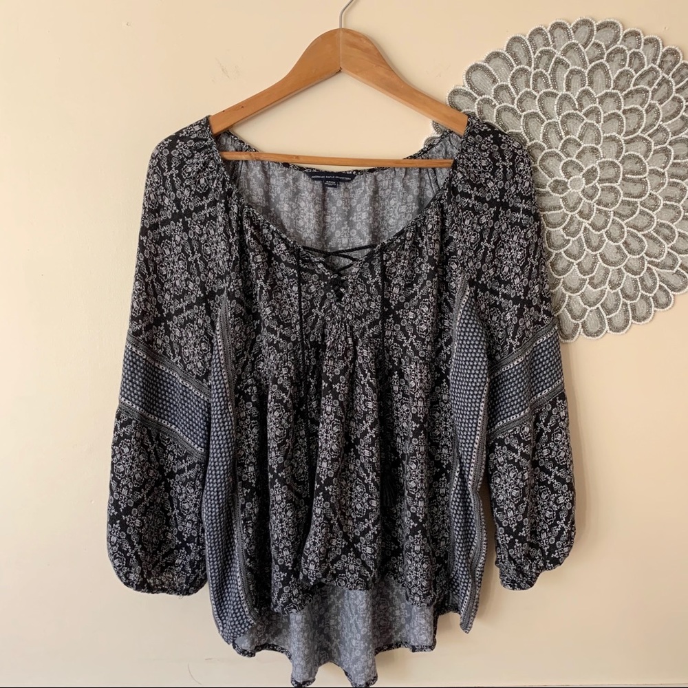 American Eagle Black Tassel Lace Up Printed Blouse